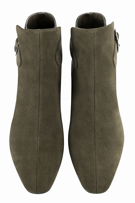 Khaki green women's ankle boots with buckles at the back. Square toe. Flat flare heels. Top view - Florence KOOIJMAN
